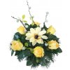 Smútočný aranžmán betonka umelé ruže, bahniatka, clematis & doplnky Ø 25cm x 17cm Smútočný aranžmán betonka umelé ruže, bahniatka, clematis & doplnky Ø 25cm x 17cm