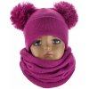 Detský komplet čiapka s 2 bmbolcami a tunelový šál fuksia
