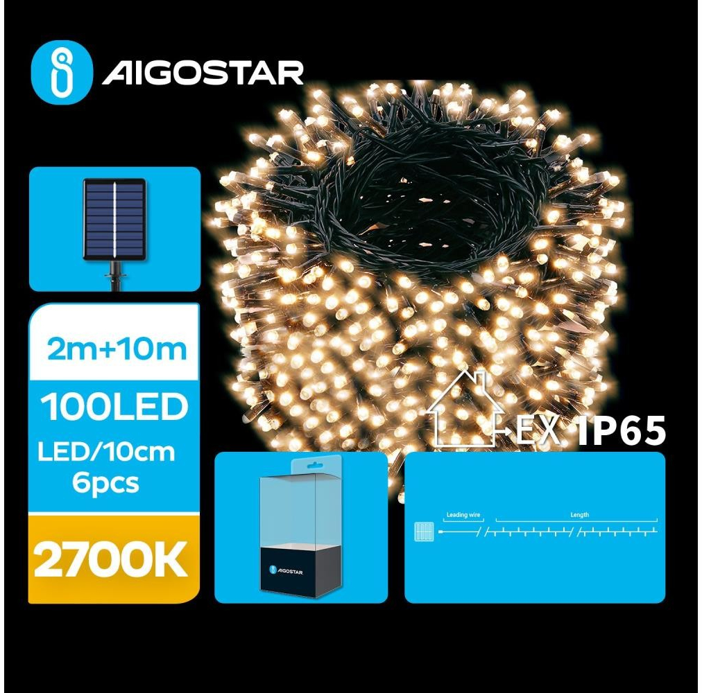 Aigostar LED Solárna vianočná reťaz 100xLED 8 funkcií 12m IP65 teplá biela AI0423