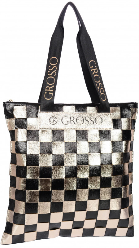 Grosso mäkká shopper dámska kabelka s prepletaným šachovnicovým vzorom S688 Čierno-zlatá