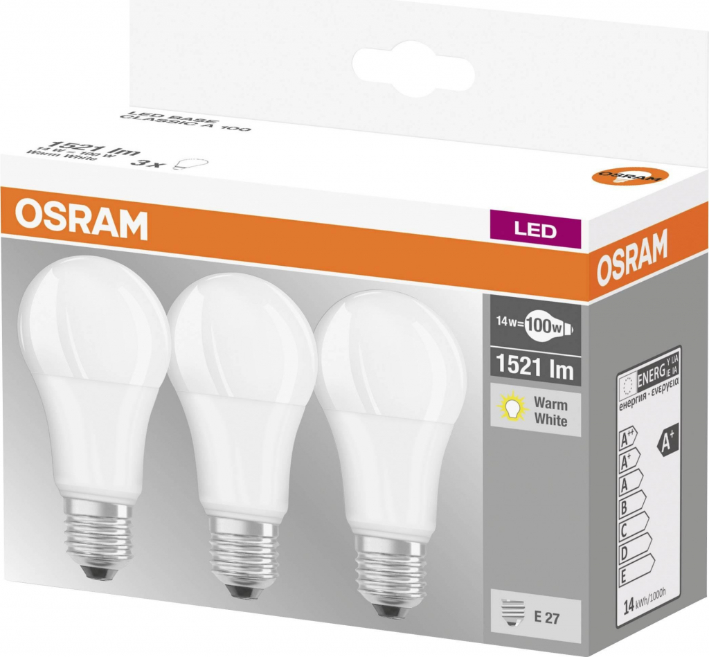 Osram 3PAK LED žiarovka LED E27 A60 14W 100W 1521lm 2700K teplá biela 360°