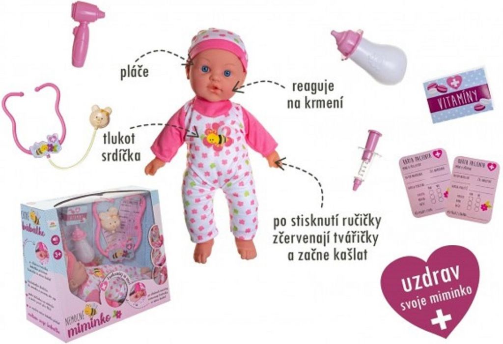 Teddies Bábätko choré mäkké telo 36cm plast s doplnkami na batérie so zvukom so svetlom