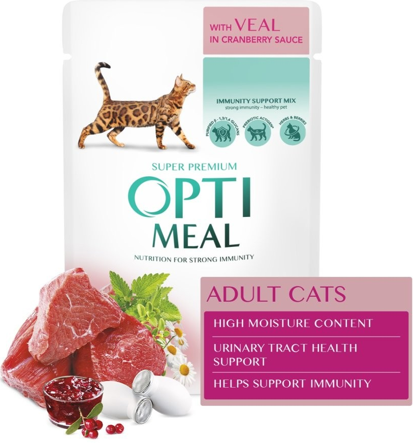 OptiMeal pre mačky s teľacím mäsom v brusnicovej omáčka 12 x 85 g
