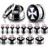 Šperky eshop - Tunel plug do ucha z chirurgickej ocele s bielym maltézskym krížom P6.1 - Hrúbka: 8 mm Šperky eshop - Tunel plug do ucha z chirurgickej ocele s bielym maltézskym krížom P6.1 - Hrúbka: 8 mm