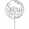 Zápich - Meno s dátumom v kruhu s kvetmi - Strieborná zrkadlová - bez paličky - 15cm Zápich - Meno s dátumom v kruhu s kvetmi - Strieborná zrkadlová - bez paličky - 15cm