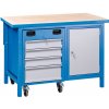 Dielenský pracovný stôl GD s pojazdným boxom na náradie, 4 zásuvky, 1 skrinka, 1190 x 600 x 850 mm, modrá Dielenský pracovný stôl GD s pojazdným boxom na náradie, 4 zásuvky, 1 skrinka, 1190 x 600 x 850 mm, modrá