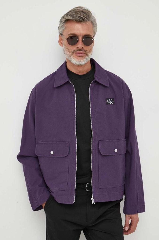 Calvin Klein Jeans Rifľová bunda pánska fialová prechodná oversize J30J323471