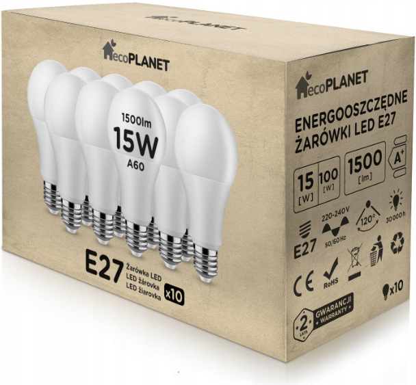 ecoPLANET 10x LED žiarovka E27 A60 15W 1500Lm studená biela