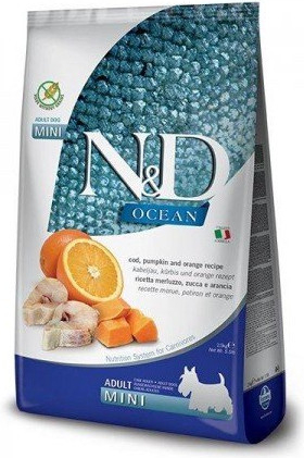 N&D Ocean dog Adult mini – Granule s obsahom tresky, tekvice a pomaranču 14 kg 2 x 7 kg