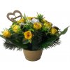 Náhrobná ikebana žlté ruže, biela mašľa, srdce a listy Náhrobná ikebana žlté ruže, biela mašľa, srdce a listy