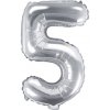 PartyDeco Fóliový balón Mini - Číslo 5 strieborný 35cm PartyDeco Fóliový balón Mini - Číslo 5 strieborný 35cm