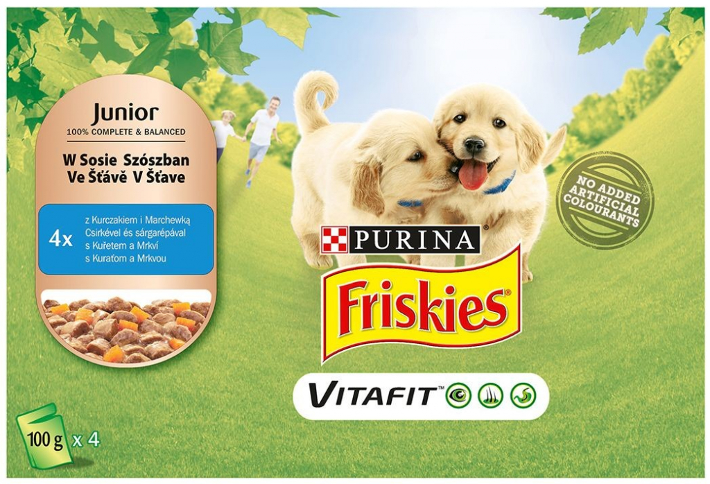 Purina Friskies Puppy VitaFit kapsička pre šteňatá s kuraťom a mrkvou v šťave 4 x 100 g