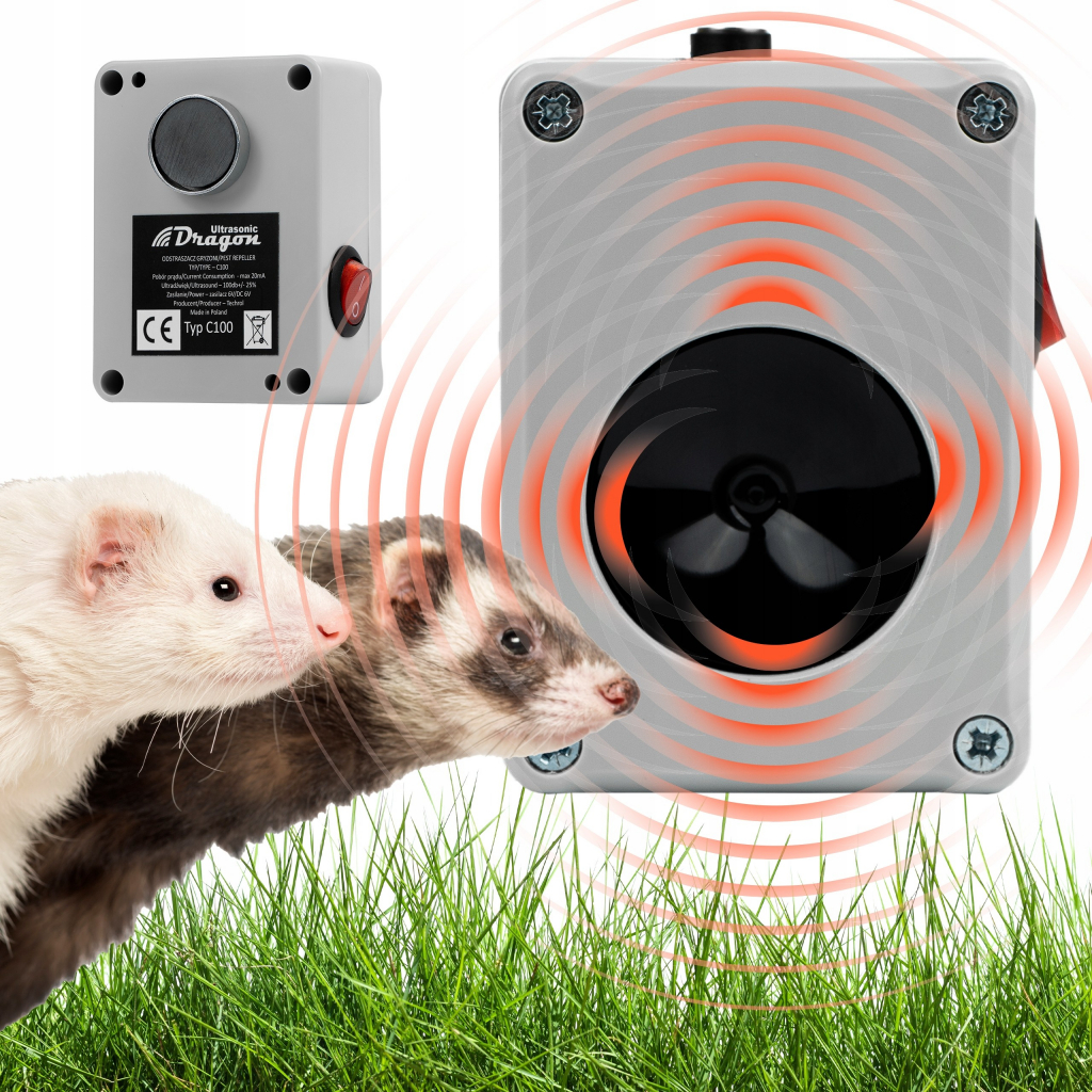 LAPKA Vodotesný, ultrazvukový plašič na kuny, myši a potkany DRAGON ULTRASONIC C100 - napájanie cez 6V adaptér v balení