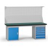 Pracovný stôl do dielne G8 s nadstavbou, 2100 x 750 x 800 mm, 1x skrinka, 1x kontejner, 6 zásuviek, modrá Pracovný stôl do dielne G8 s nadstavbou, 2100 x 750 x 800 mm, 1x skrinka, 1x kontejner, 6 zásuviek, modrá