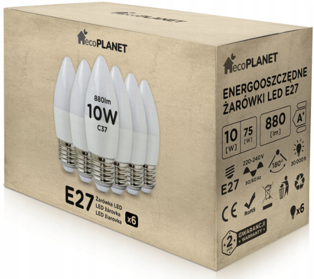 ecoPLANET 6x LED žiarovka E27 10W sviečka 880Lm studená biela