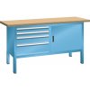 Pracovný stôl Lista, š 1500 mm, pracovná doska buk, 1x dvierka, 4x zásuvky, modrá Pracovný stôl Lista, š 1500 mm, pracovná doska buk, 1x dvierka, 4x zásuvky, modrá