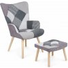 Relaxačné kreslo ušiak LISA + taburet — masív, látka, čiernobiely patchwork Relaxačné kreslo ušiak LISA + taburet — masív, látka, čiernobiely patchwork
