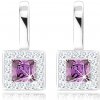 Šperky eshop - Náušnice, striebro 925, fialový štvorcový zirkón, číra obruba, výrezy SP67.26 Šperky eshop - Náušnice, striebro 925, fialový štvorcový zirkón, číra obruba, výrezy SP67.26