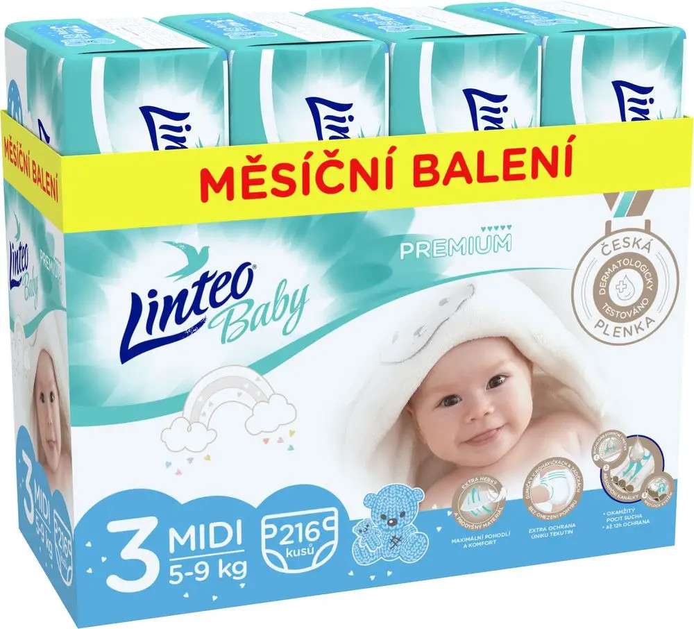 LINTEO Baby Prémium MIDI 5-9 kg 216 ks