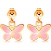 Šperky eshop - Zlaté náušnice 585 - lesklá gulička a visiaci ružový motýlik, glazúra GG167.03 Šperky eshop - Zlaté náušnice 585 - lesklá gulička a visiaci ružový motýlik, glazúra GG167.03