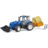 Bruder Traktor New Holland T5.120 s čelným nakladačom, korbou, vidlami a guľatým balíkom Bruder Traktor New Holland T5.120 s čelným nakladačom, korbou, vidlami a guľatým balíkom