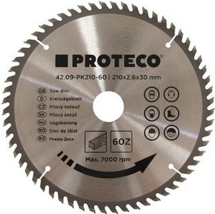 PROTECO 42.09-PK210-60 kotúč pílový s SK plátkami 210x2.6x30 60 zubov + redukcia 30/20 mm