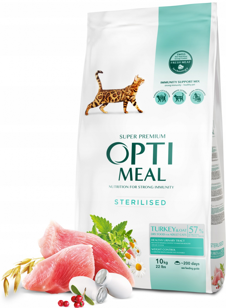 OPTIMEAL Adult pre sterilizované mačky s morčacím mäsom a ovsom 10 kg