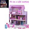 JOKO Veľký drevený domček pre bábiky 70cm s LED osvetlením a nábytkom, ružový