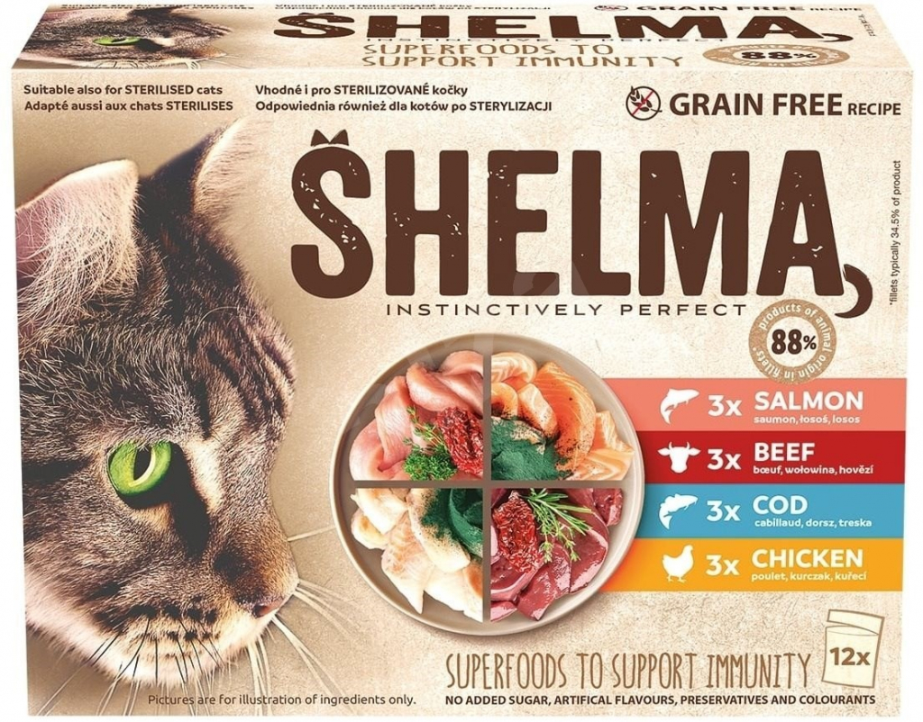 Shelma kočka kuřecí hovädzie, losos a treska 12 x 85 g