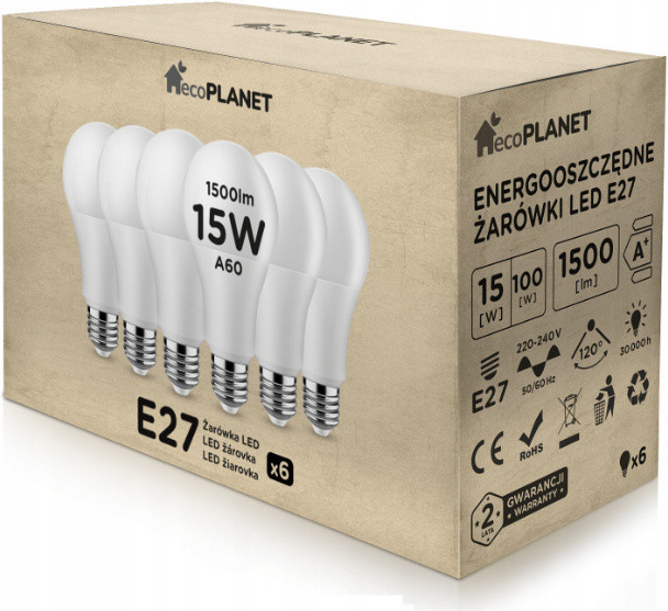 ecoPLANET 6x LED žiarovka E27 A60 15W 1500Lm studená biela