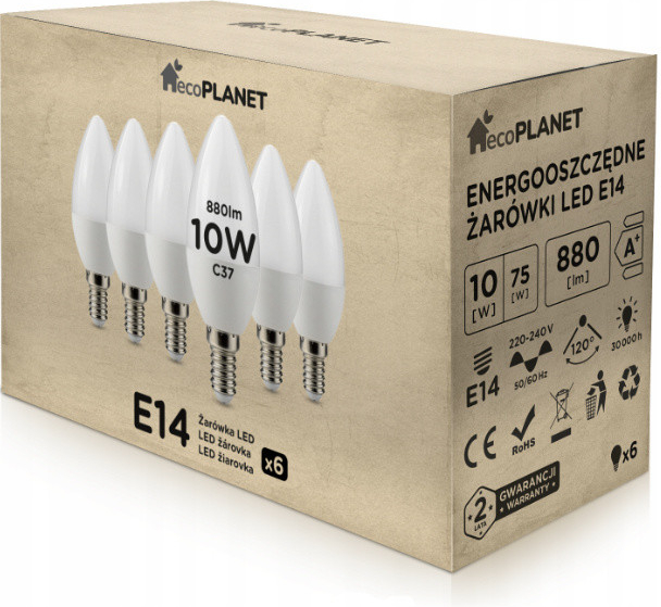 ecoPLANET 6x LED žiarovka E14 10W sviečka 880Lm neutrálna biela