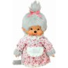 MONCHHICHI Sekiguchi 233150 Originálna babička Monchhichi zo sivého u so šatami a copom s mašľou 20 cm
