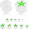 Šperky eshop - Plug do ucha z akrylu bielej farby, zelená päťcípa hviezda žiariaca v tme, gumička S23.08 - Hrúbka: 5 mm Šperky eshop - Plug do ucha z akrylu bielej farby, zelená päťcípa hviezda žiariaca v tme, gumička S23.08 - Hrúbka: 5 mm
