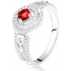 Šperky eshop - Prsteň - červený kamienok s dvojitým zirkónovým lemom, srdcia, zo striebra 925 A16.14 - Veľkosť: 54 mm Šperky eshop - Prsteň - červený kamienok s dvojitým zirkónovým lemom, srdcia, zo striebra 925 A16.14 - Veľkosť: 54 mm