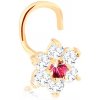 Šperky eshop - Zahnutý piercing do nosa v žltom 14K zlate - kvietok zo zirkónov a syntetického rubínu S2GG96.12 Šperky eshop - Zahnutý piercing do nosa v žltom 14K zlate - kvietok zo zirkónov a syntetického rubínu S2GG96.12
