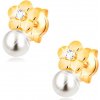 Šperky eshop - Náušnice zo žltého 14K zlata, lesklý kvet s čírym diamantom, biela perla BT500.93 Šperky eshop - Náušnice zo žltého 14K zlata, lesklý kvet s čírym diamantom, biela perla BT500.93