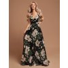 Dámske dlhé kvetované spoločenské šaty na ramienka - čierne - L Dámske dlhé kvetované spoločenské šaty na ramienka - čierne - L