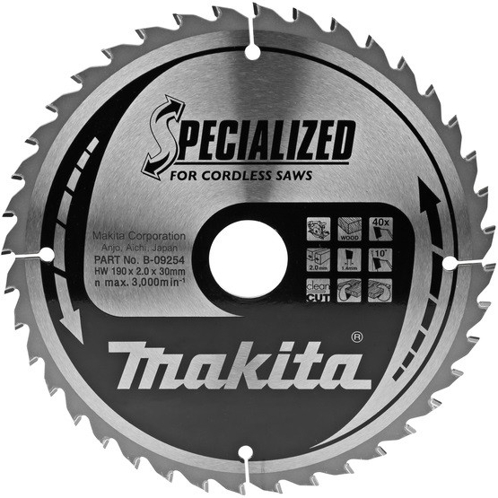 MAKITA Kotúč pílový D 190 x 30 mm na drevo (40 TCT zubov) 2.0 mm rez - B-09254