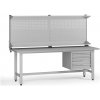 Výškovo nastaviteľný dielenský stôl G5 s nadstavbou, 2100 x 750 x 800-1000 mm, 1x kontajner, 4 zásuvky, sivá Výškovo nastaviteľný dielenský stôl G5 s nadstavbou, 2100 x 750 x 800-1000 mm, 1x kontajner, 4 zásuvky, sivá