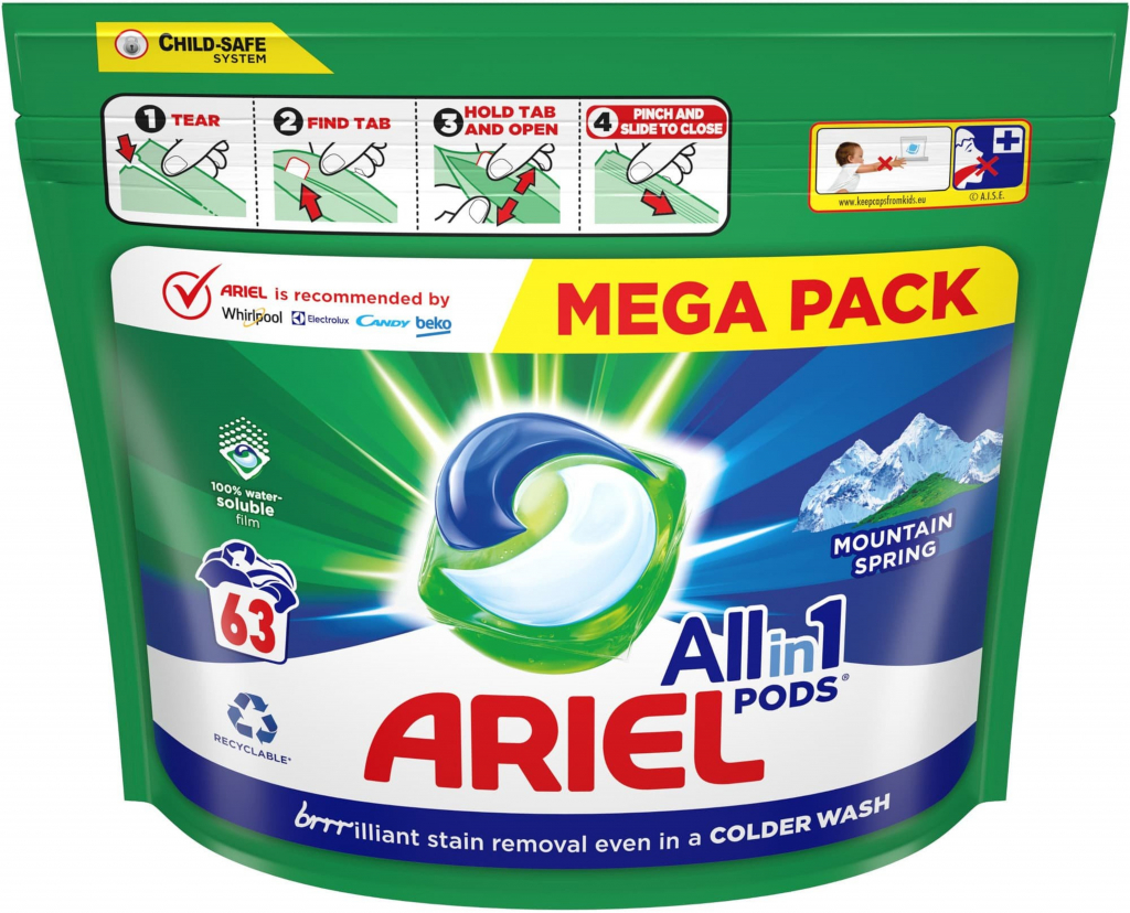 Ariel All in 1 Pods Mountain Spring gelové kapsle na praní bílého a světlého prádla 63 ks