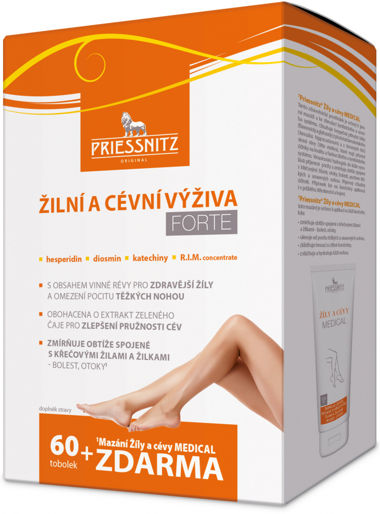 Priessnitz Žilná a cievna výživa Forte 60 kapsúl + Gél na žily a cievy DE LUXE 125 ml 1 set