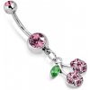 Šperky eshop - Piercing do brucha - čerešne na stonke a lístok, ligotavé brúsené zirkóny X45.8 Šperky eshop - Piercing do brucha - čerešne na stonke a lístok, ligotavé brúsené zirkóny X45.8