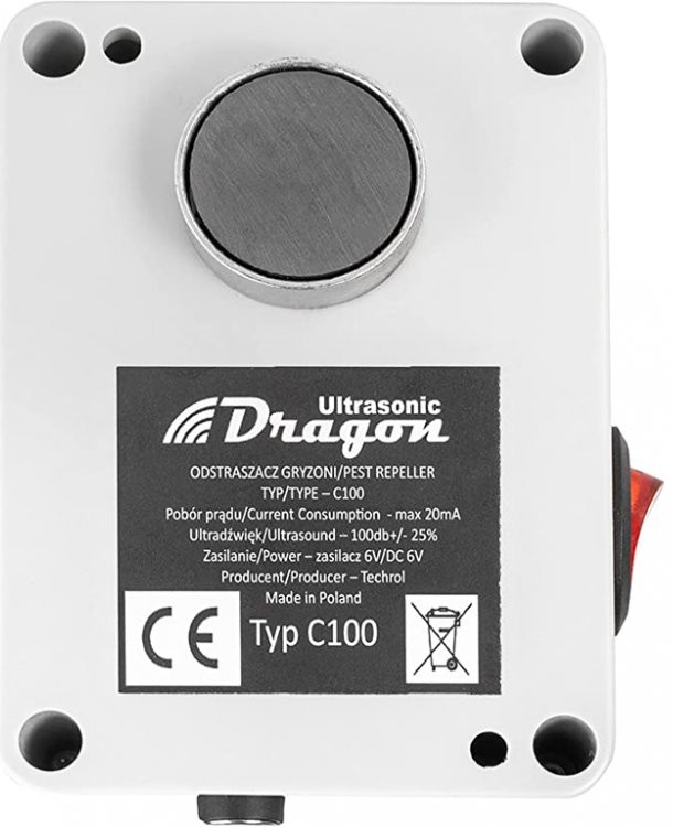 LAPKA Vodotesný, ultrazvukový plašič na kuny, myši a potkany DRAGON ULTRASONIC C100 - napájanie cez 6V adaptér v balení