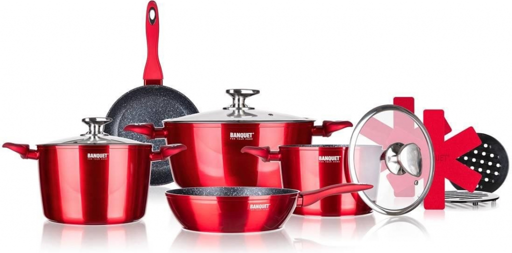 BANQUET Sada nádobí s nepřilnavým povrchem METALLIC RED 12 ks