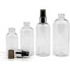 Plastová fľaša priehľadná okrúhla, rozprašovač čierny, strieborná lesklá obruč, 100 ml Plastová fľaša priehľadná okrúhla, rozprašovač čierny, strieborná lesklá obruč, 100 ml