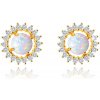 Šperky eshop - Puzetové náušnice zo žltého 14K zlata, kvietok, biely syntetický opál, číre zirkóny S4GG249.05 Šperky eshop - Puzetové náušnice zo žltého 14K zlata, kvietok, biely syntetický opál, číre zirkóny S4GG249.05