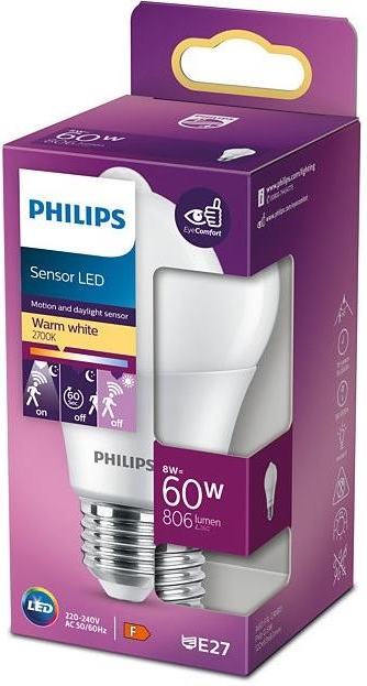 Philips 8718699782733 LED žiarovka 1x8W E27 806lm 2700K teplá biela, so senzorom, matná biela, Eyecomfort