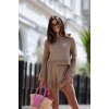 Fashionweek dámsky pletený set s prelamovaným vzorom blúzka a šortky JK-Marieta cappuccino