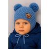 BABY NELLYS Zimná pletená čiapka Teddy Bear na zaväzovanie modrá