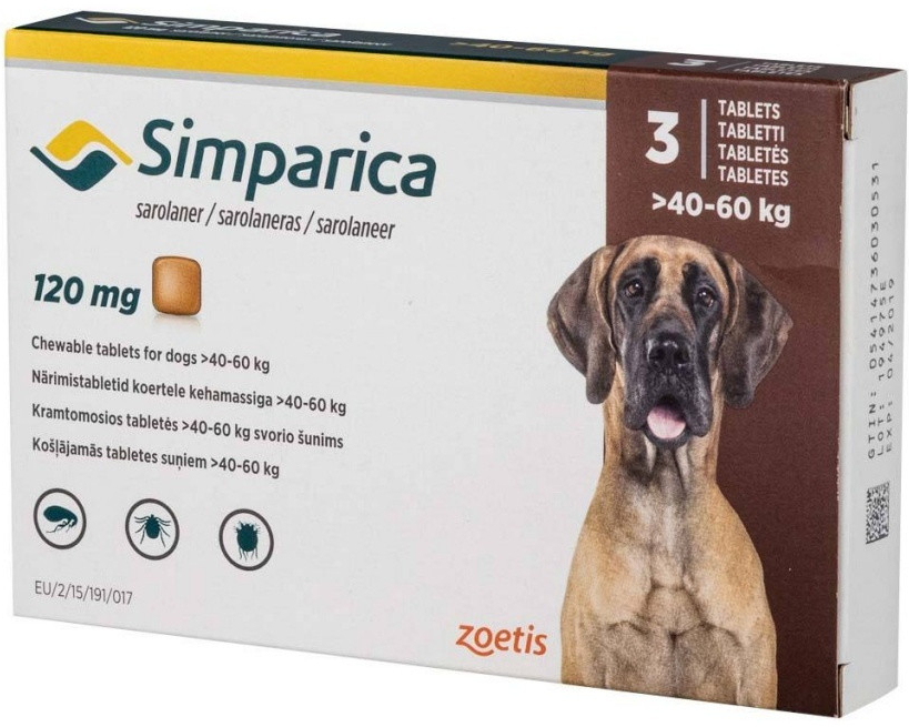 Simparica 120 mg žuvacie tablety >40-60 kg 3 x 120 mg